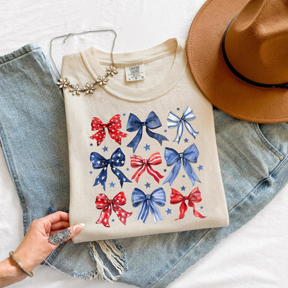 4th of July Bow Shirt, Patriotic Bow T Shirt, USA Graphic Tee, Womens July 4th Shirt