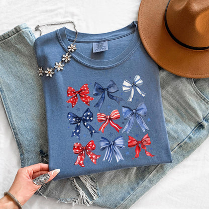 4th of July Bow Shirt, Patriotic Bow T Shirt, USA Graphic Tee, Womens July 4th Shirt