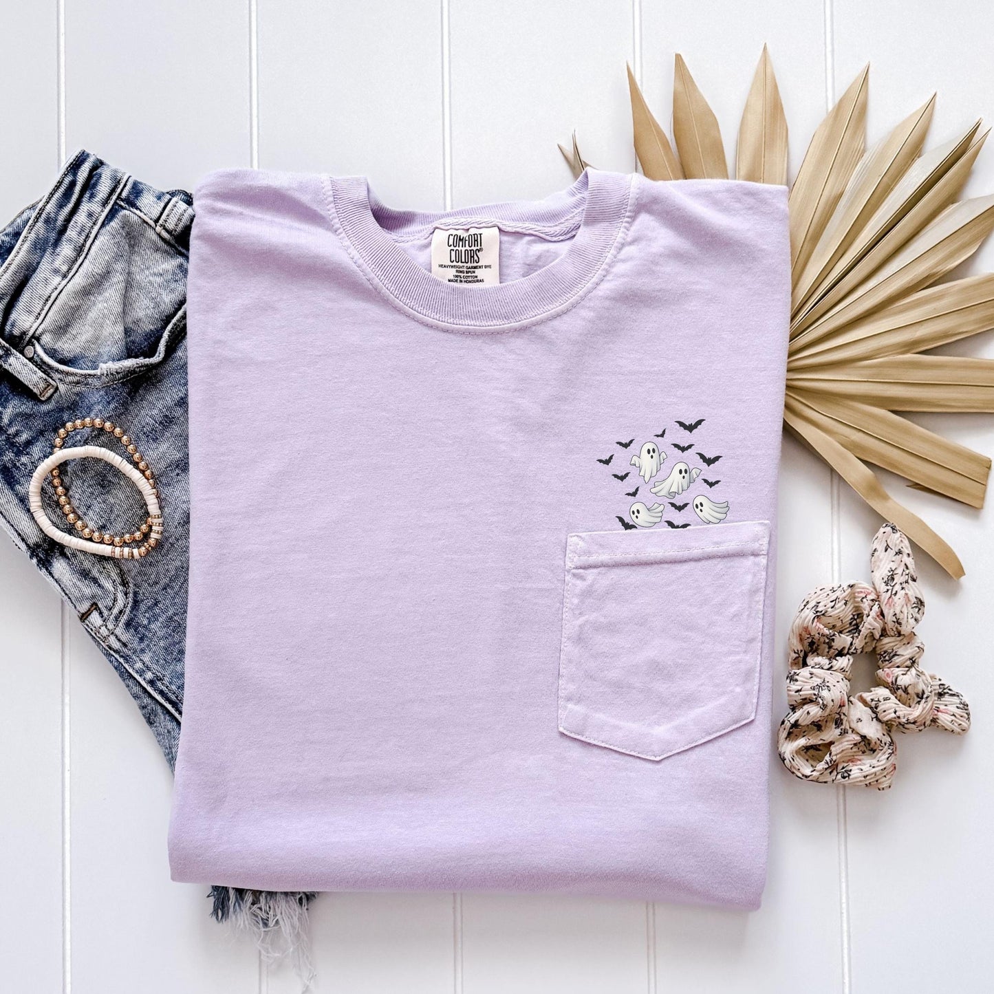 Cute Ghosts Pocket Tee Halloween, Flying Ghosts and Bats Halloween Shirt, Comfort Colors Pocket Tee, Trick or Treat Fall Top, Pumpkin Patch