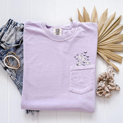 Cute Ghosts Pocket Tee Halloween, Flying Ghosts and Bats Halloween Shirt, Comfort Colors Pocket Tee, Trick or Treat Fall Top, Pumpkin Patch