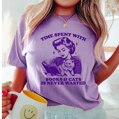Time Spent With Books and Cats Is Never Wasted Shirt Book Lover T-Shirt Cute Cat Reading Sweatshirt Cozy Reader Gift Literary Top