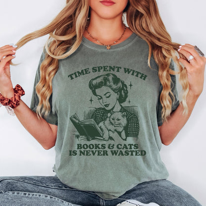 Time Spent With Books and Cats Is Never Wasted Shirt Book Lover T-Shirt Cute Cat Reading Sweatshirt Cozy Reader Gift Literary Top