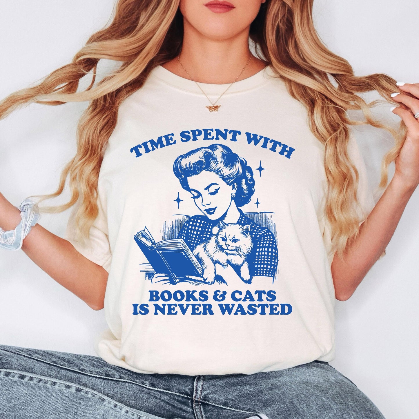 Time Spent With Books and Cats Is Never Wasted Shirt Book Lover T-Shirt Cute Cat Reading Sweatshirt Cozy Reader Gift Literary Top