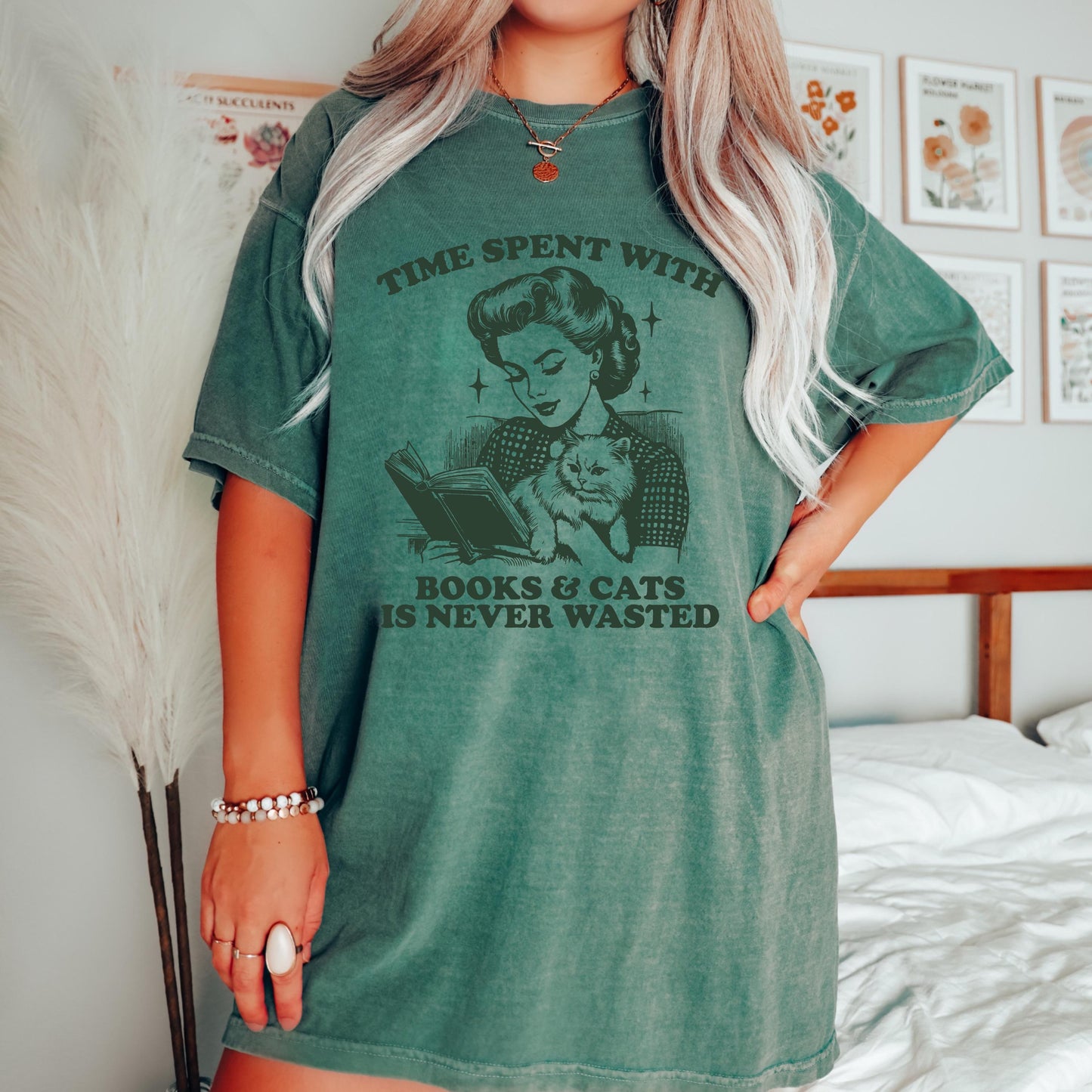 Time Spent With Books and Cats Is Never Wasted Shirt Book Lover T-Shirt Cute Cat Reading Sweatshirt Cozy Reader Gift Literary Top