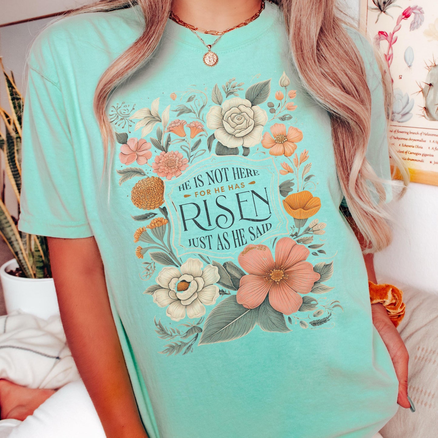 Comfort Colors Christian T-Shirt: Floral He Has Risen Design