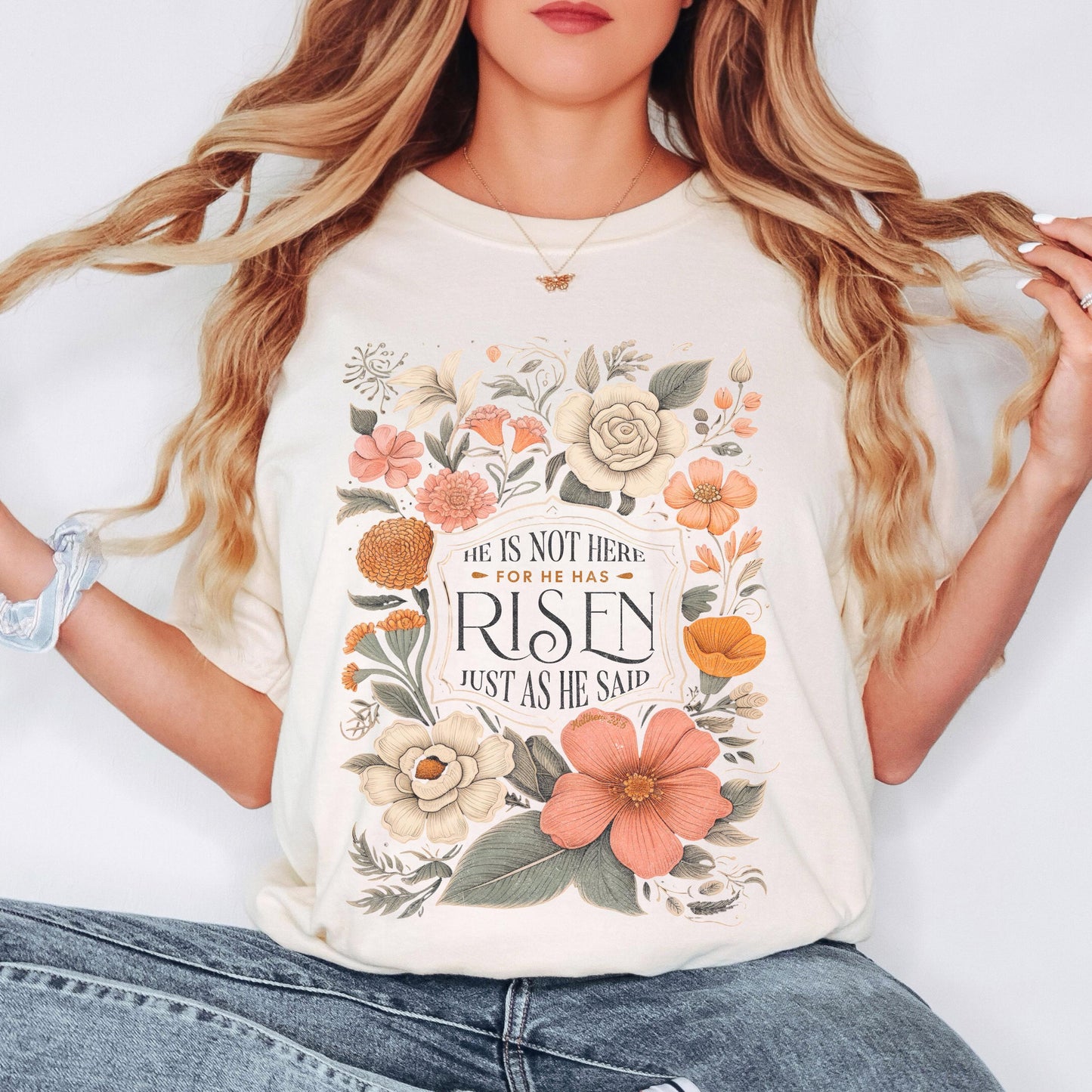 Comfort Colors Christian T-Shirt: Floral He Has Risen Design