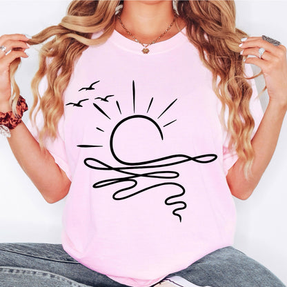 Minimalist Beach Sunset Shirt, Coastal Graphic T Shirt, Ocean Wave Tee, Summer Aesthetic Shirt