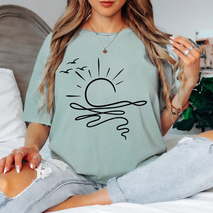 Minimalist Beach Sunset Shirt, Coastal Graphic T Shirt, Ocean Wave Tee, Summer Aesthetic Shirt