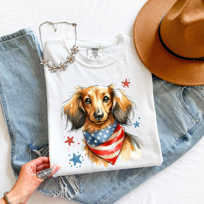 Long Hair Dachshund 4th of July Shirt | Patriotic Dog Mom Tee | Cute USA Dog Lover Gift | Independence Day Wiener Dog Shirt