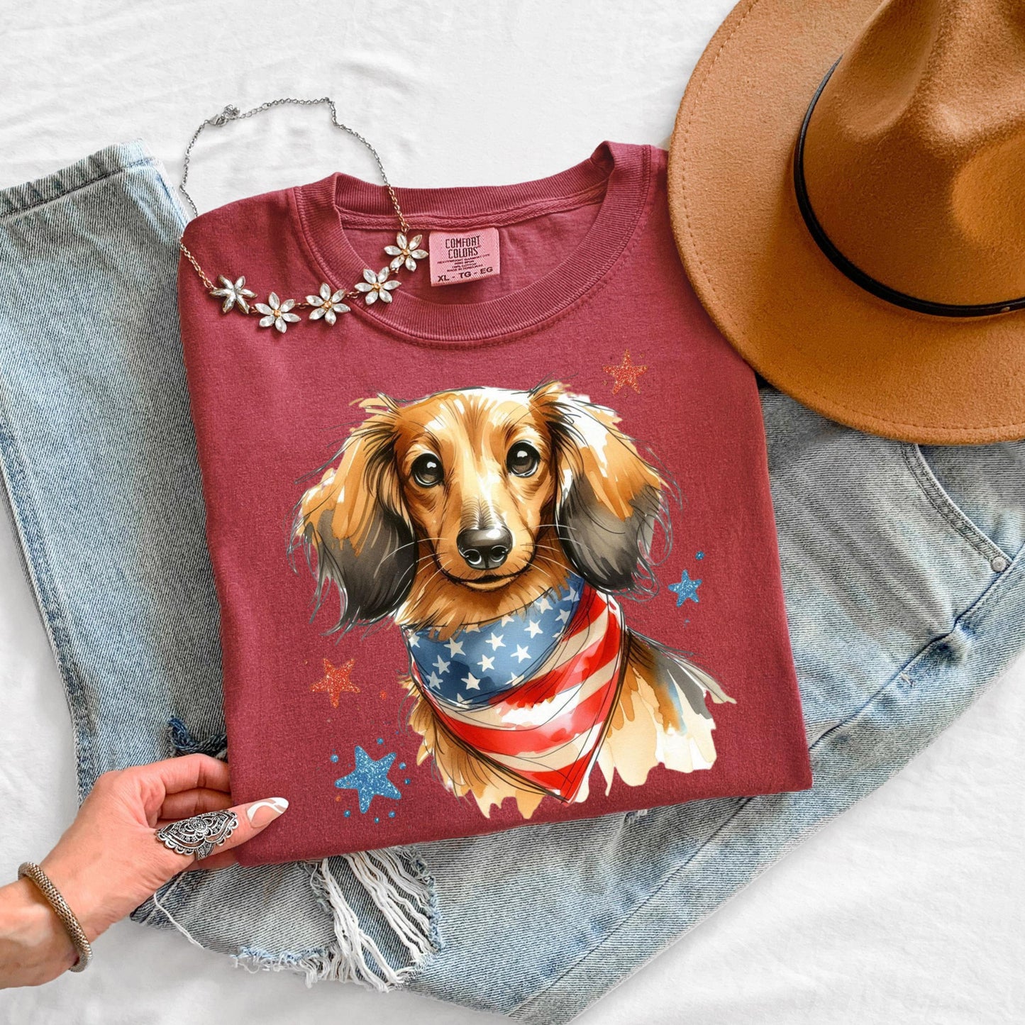 Long Hair Dachshund 4th of July Shirt | Patriotic Dog Mom Tee | Cute USA Dog Lover Gift | Independence Day Wiener Dog Shirt