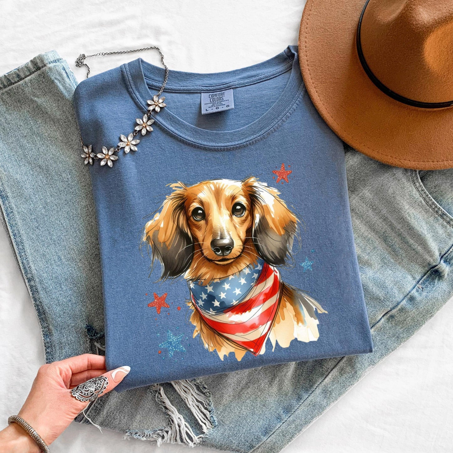 Long Hair Dachshund 4th of July Shirt | Patriotic Dog Mom Tee | Cute USA Dog Lover Gift | Independence Day Wiener Dog Shirt