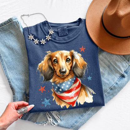 Long Hair Dachshund 4th of July Shirt | Patriotic Dog Mom Tee | Cute USA Dog Lover Gift | Independence Day Wiener Dog Shirt