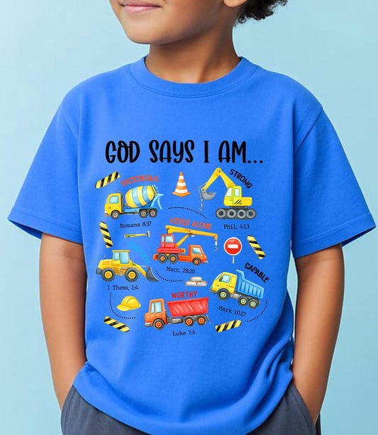 Kids Christian Construction Shirt God Says I Am Tee Bible Verse Youth Faith Shirt