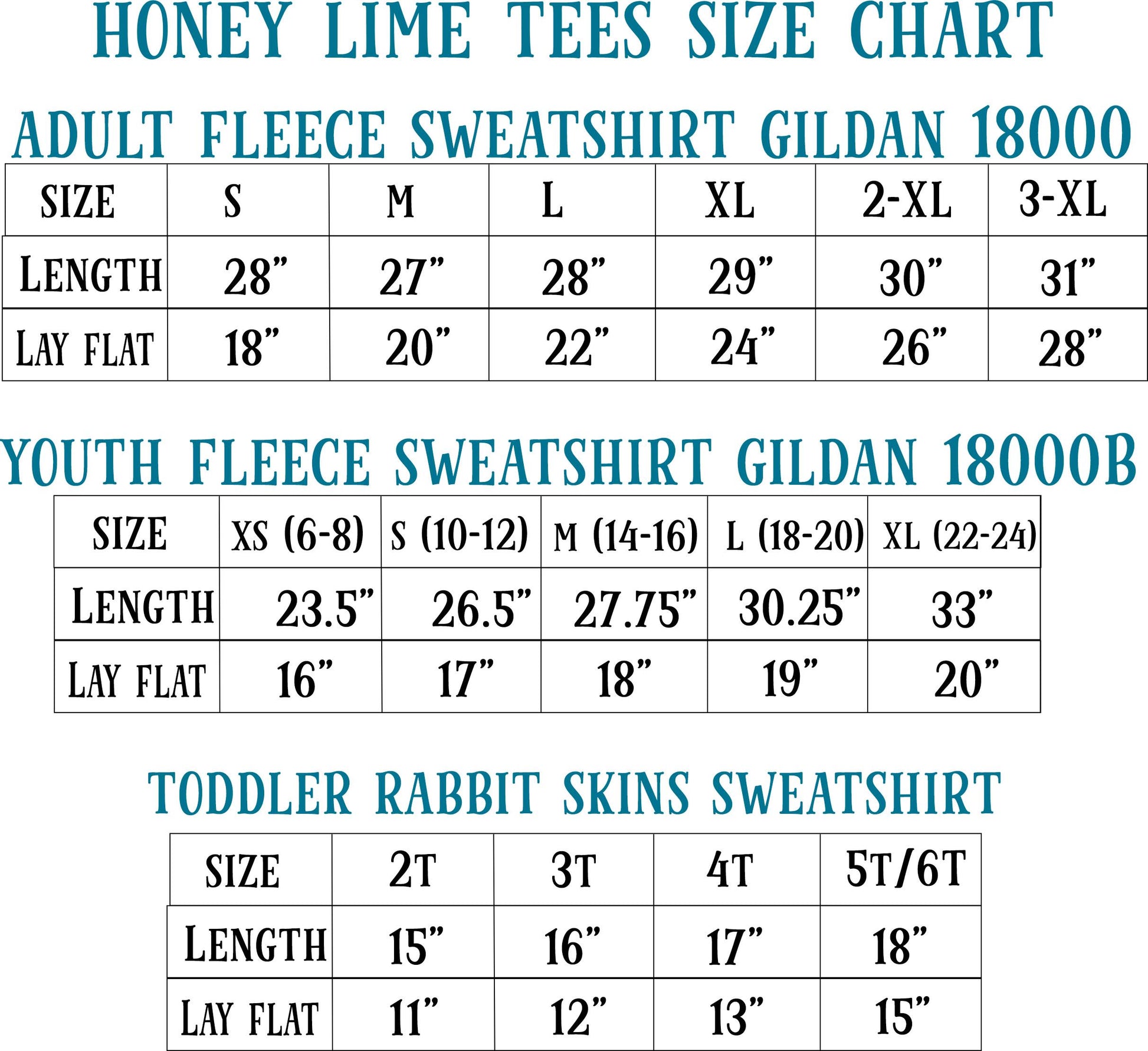 a chart that provides size charts for three different types of clothing: adult fleece sweatshirt, youth fleece sweatshirt, and toddler rabbit skins sweatshirt. The chart lists the sizes and corresponding lengths for each type of clothing, allowing for easy comparison and identification of the appropriate size for different age groups.