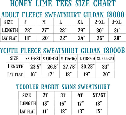 a chart that provides size charts for three different types of clothing: adult fleece sweatshirt, youth fleece sweatshirt, and toddler rabbit skins sweatshirt. The chart lists the sizes and corresponding lengths for each type of clothing, allowing for easy comparison and identification of the appropriate size for different age groups.