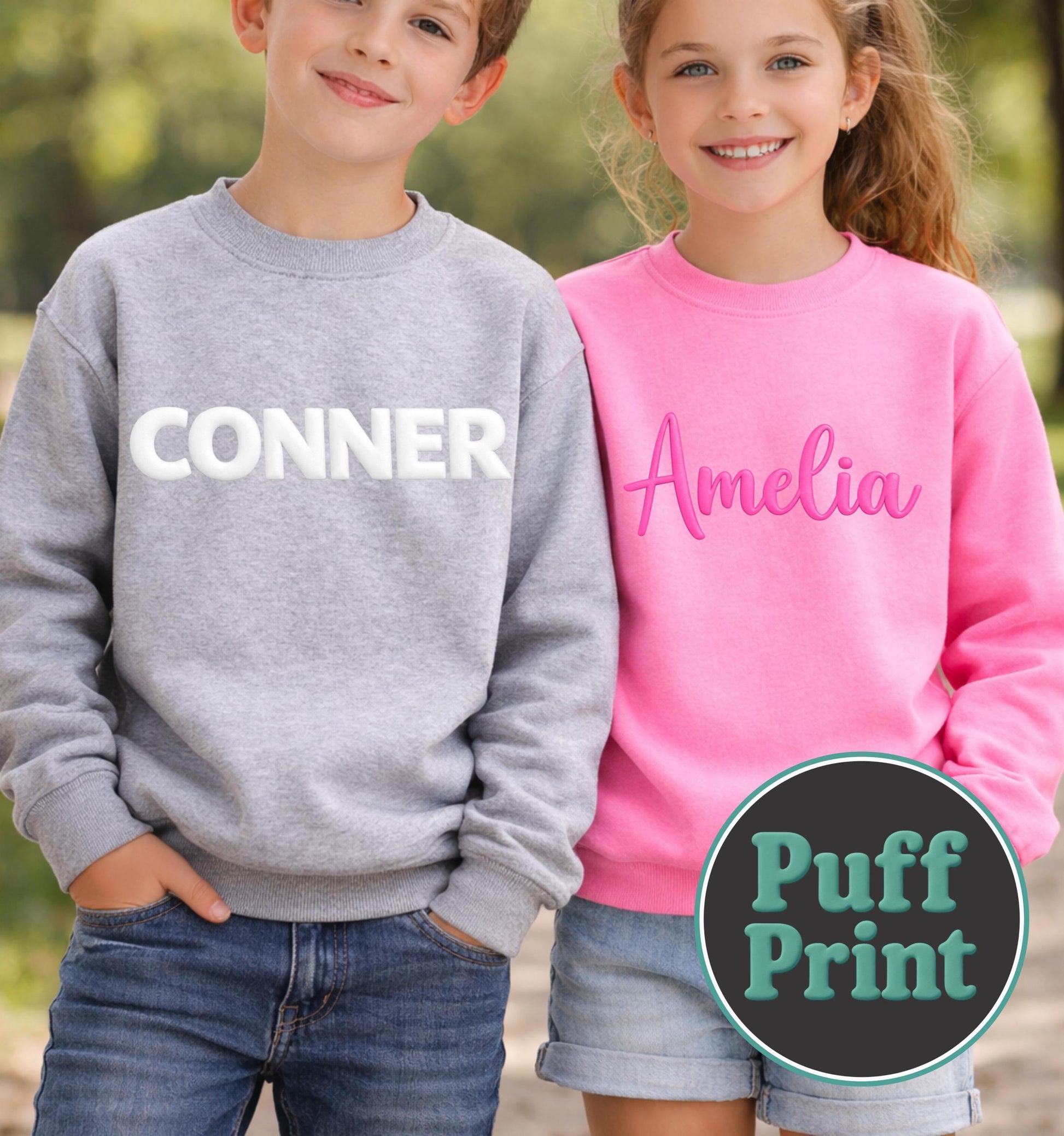 Youth Puff Print Sweatshirt Gildan Crewneck, Kids Custom Name Sweatshirt, Raised Text Kids Crewneck, Personalized Puff Lettering