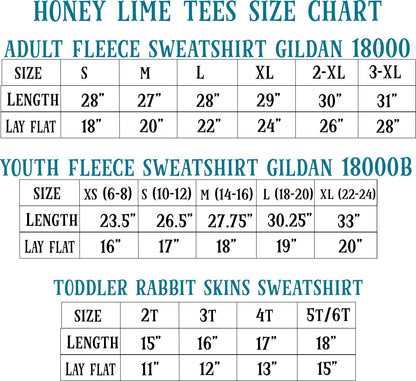 a chart that provides size charts for three different types of clothing: adult fleece sweatshirt, youth fleece sweatshirt, and toddler rabbit skins sweatshirt. The chart lists the sizes and corresponding lengths for each type of clothing, allowing for easy comparison and identification of the appropriate size for different age groups.