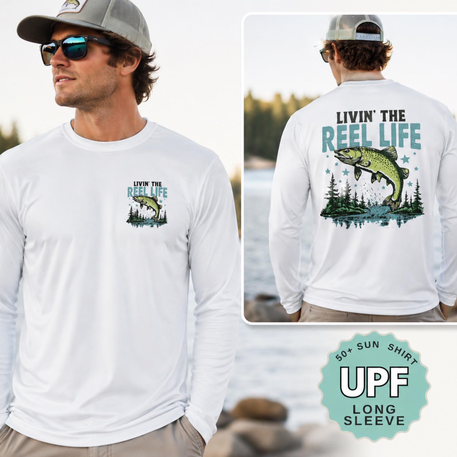 livin the reel life upf 50 sun shirt fishing shirt uv protection long sleeve performance shirt moisture wicking boat lake outdoor tee