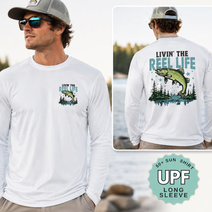 livin the reel life upf 50 sun shirt fishing shirt uv protection long sleeve performance shirt moisture wicking boat lake outdoor tee