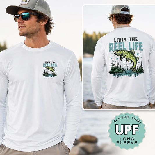 livin the reel life upf 50 sun shirt fishing shirt uv protection long sleeve performance shirt moisture wicking boat lake outdoor tee