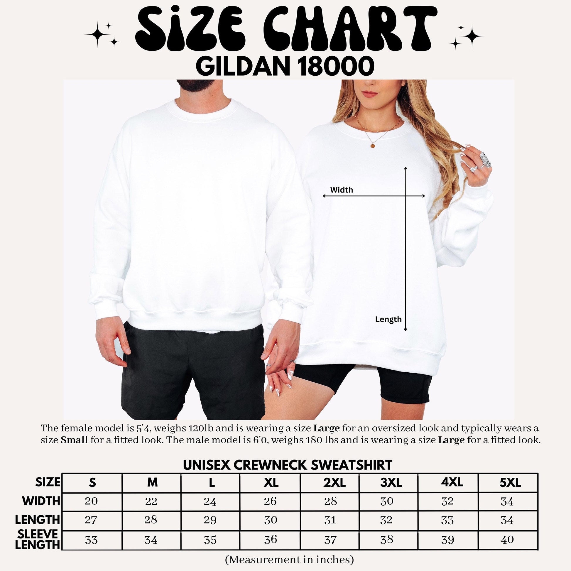 The image is a size chart for a GILDA 1800 crew neck sweatshirt. It features a man and a woman wearing the sweatshirt, with measurements and sizes listed for different body types.