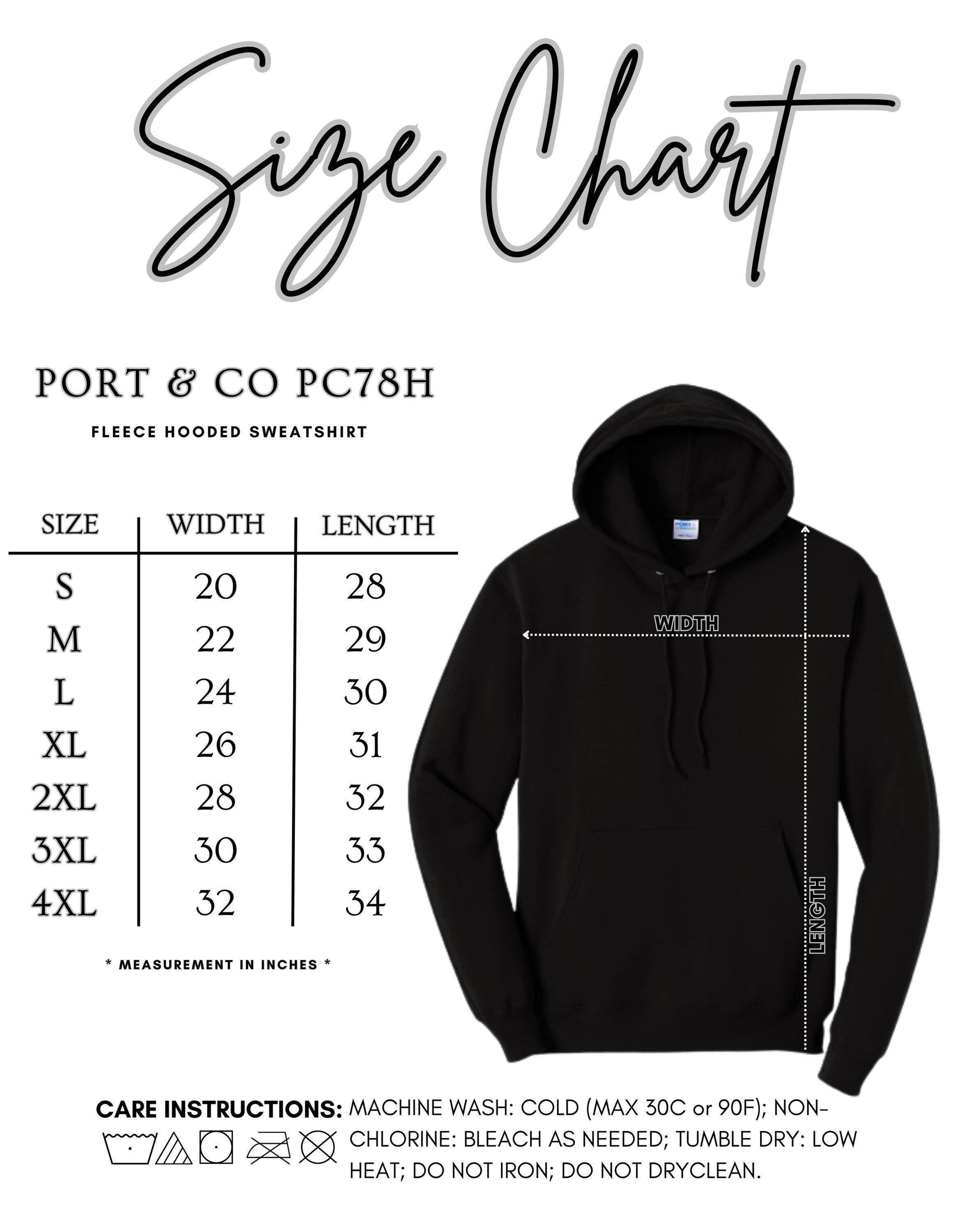 The image is a size chart for a black hooded sweatshirt, providing measurements for different sizes such as S, M, L, XL, 2XL, 3XL, and 4XL.