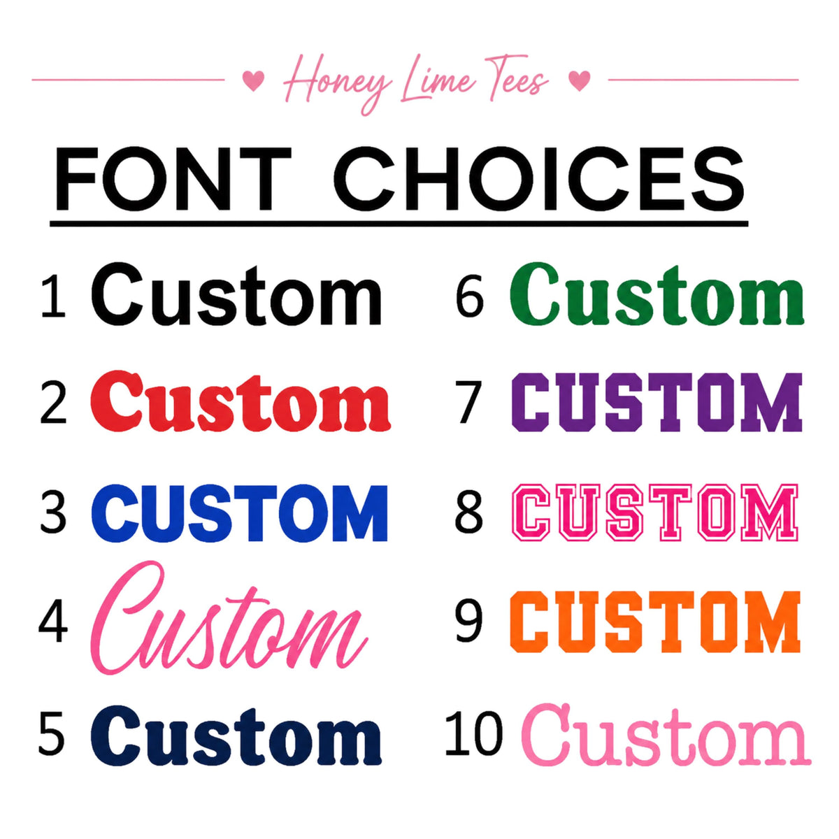 a selection of custom font choices, including various font styles and colors, presented in a grid format.