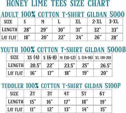 a chart that provides size charts for different types of t-shirts, including adult, youth, and toddler sizes. The chart lists the size, cotton t-shirt gildan, and t-shirt gildan 500P sizes for each type of t-shirt.