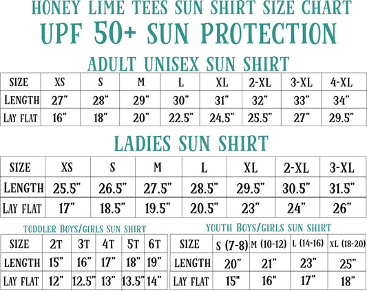 a chart that provides size charts for adult unisex sun shirts and ladies sun shirts, along with their corresponding sun protection factor (SPF) values.