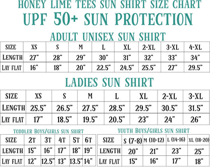 a chart that provides size charts for adult unisex sun shirts and ladies sun shirts, along with their corresponding sun protection factor (SPF) values.
