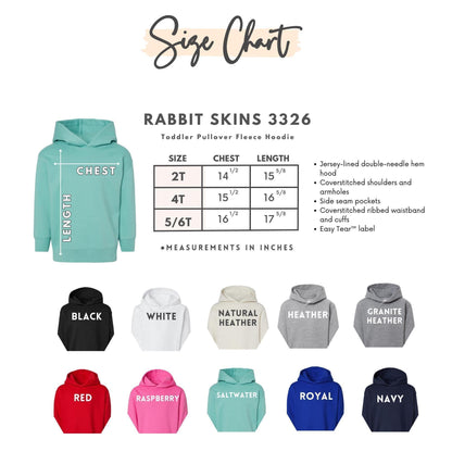 The image is a size chart for a toddler pullover fleece hoodie, featuring a variety of colors and sizes.