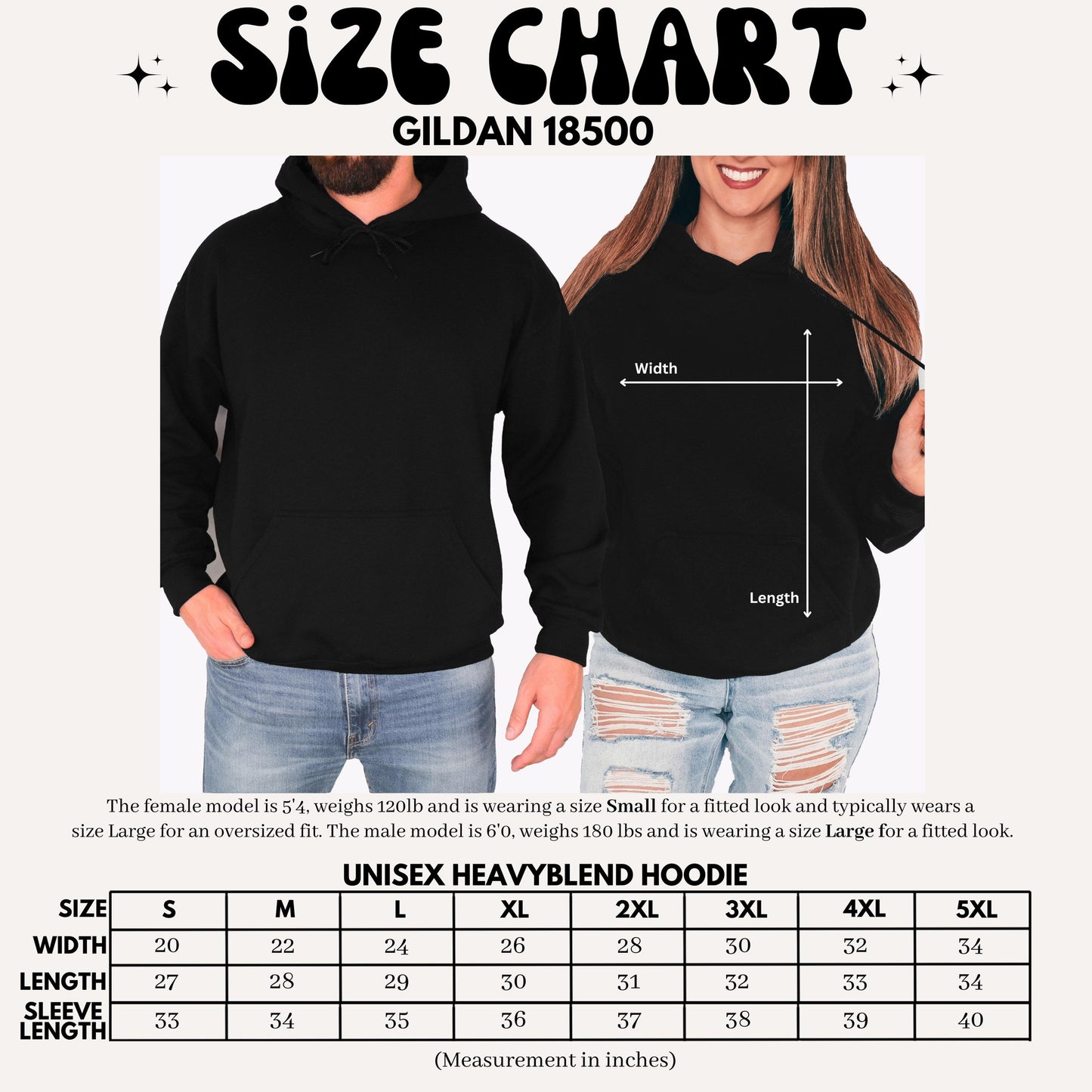 The image is a size chart for a GILAN 18500 hoodie, featuring a male and female model wearing the sizes Small, Medium, Large, Extra Large, and XLarge. The female model is 5'4" and weighs 120 pounds, while the male model is 6'0" and weighs 180 pounds. The hoodie is described as a "UNIEX HEAVYBLEND hoodie" and is available in sizes 20, 22, 24, 26, 28, 29, 30, 32, 34, 35, 36, 37, 38, and 40.