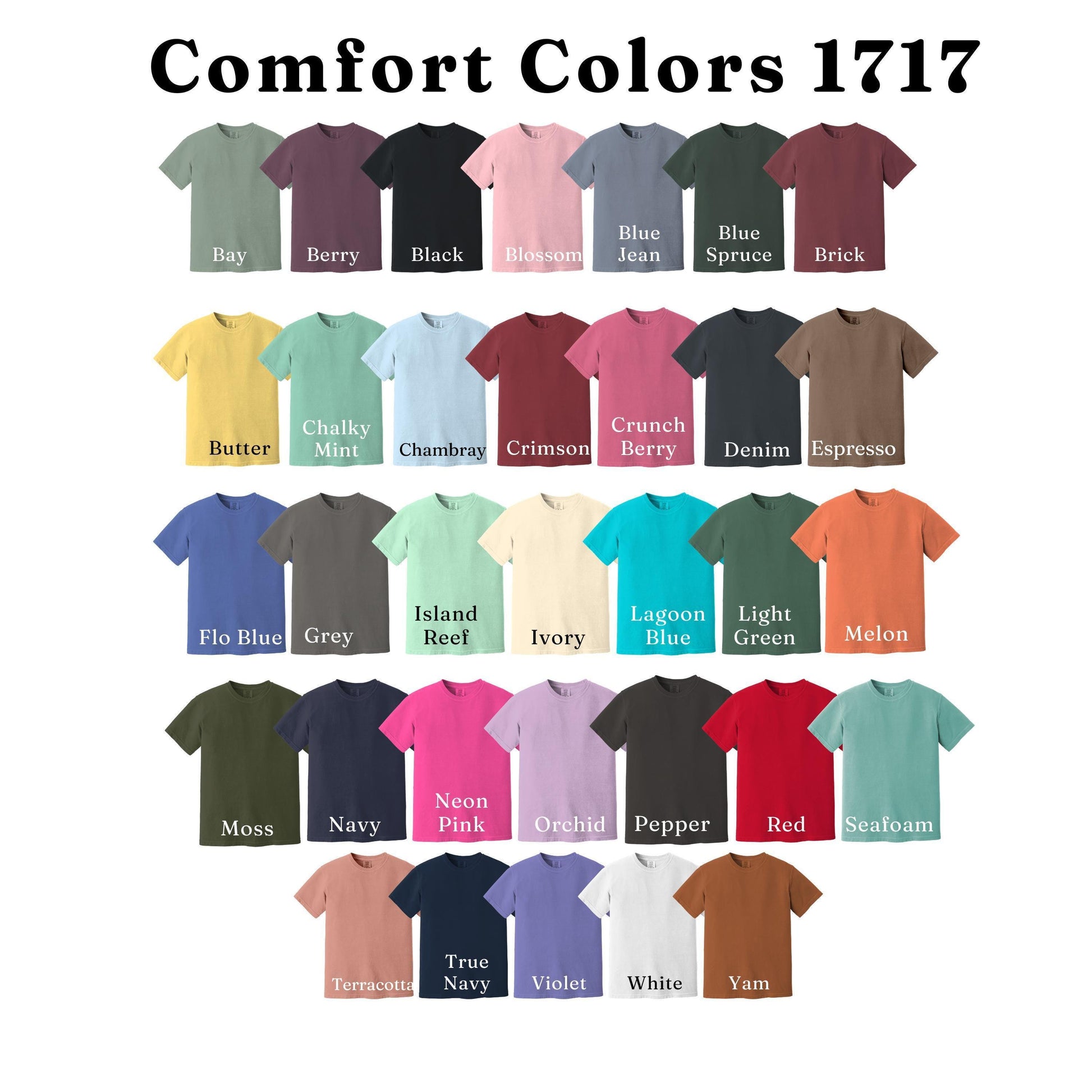a collection of 17 different colored t-shirts, each with a unique color and design.