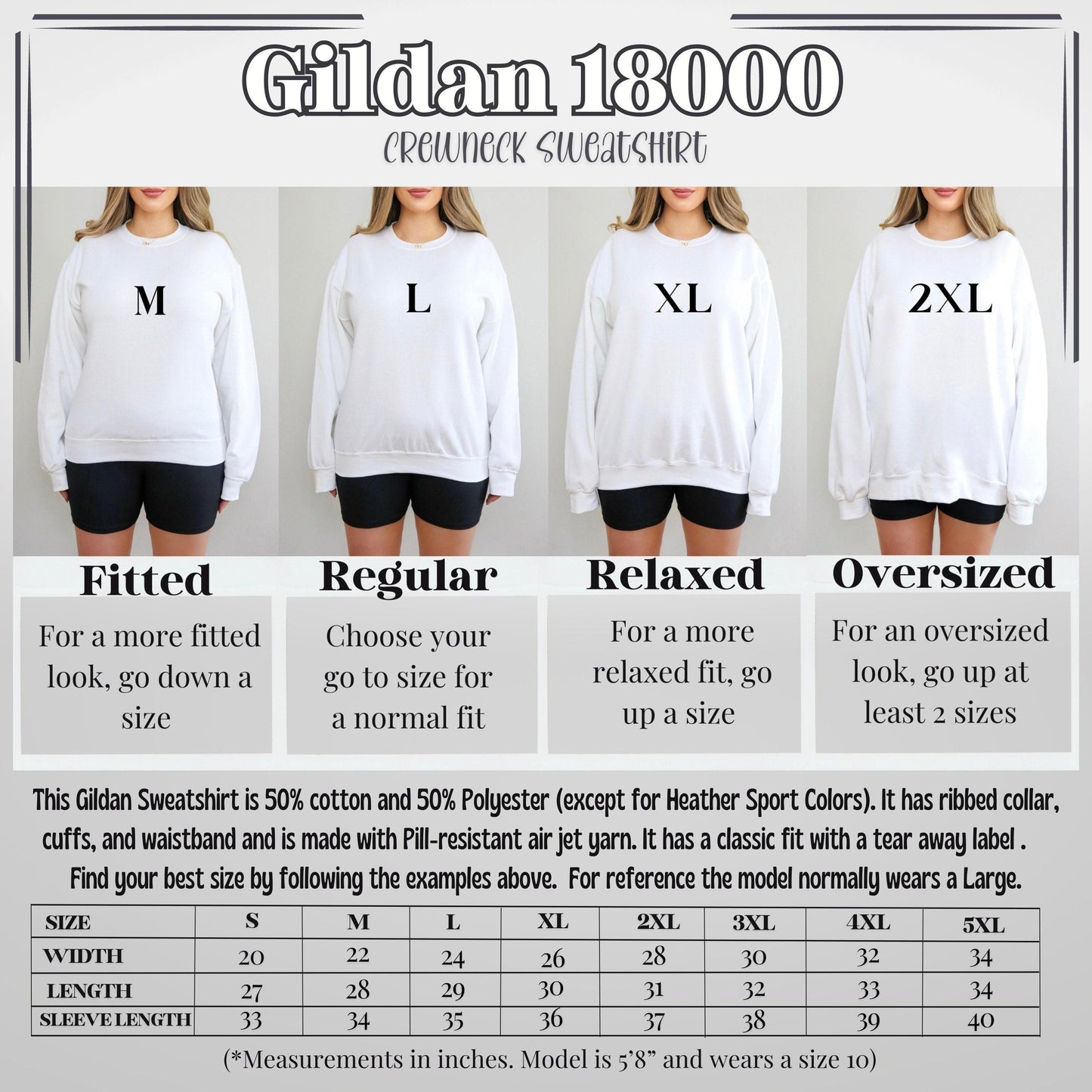 The image is a crew neck sweatshirt size chart for Gildan 1800, featuring four different sizes: fitted, regular, relaxed, and oversized. The chart provides measurements for waist, length, sleeve length, and neck size, along with examples of how to choose the best size based on these measurements.