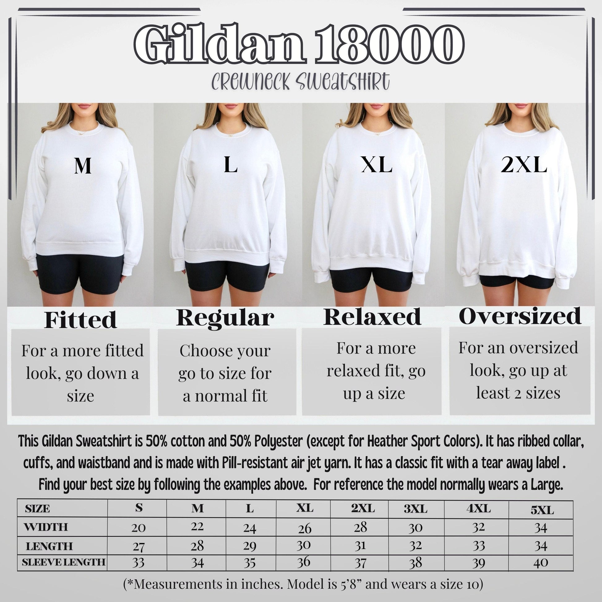 The image is a crew neck sweatshirt size chart for Gildan 1800, featuring four different sizes: fitted, regular, relaxed, and oversized. The chart provides measurements for waist, length, sleeve length, and neck size, along with examples of how to choose the best size based on these measurements.
