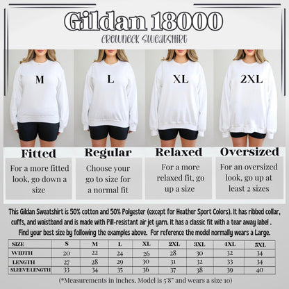The image is a crew neck sweatshirt size chart for Gildan 1800, featuring four different sizes: fitted, regular, relaxed, and oversized. The chart provides measurements for waist, length, sleeve length, and neck size, along with examples of how to choose the best size based on these measurements.