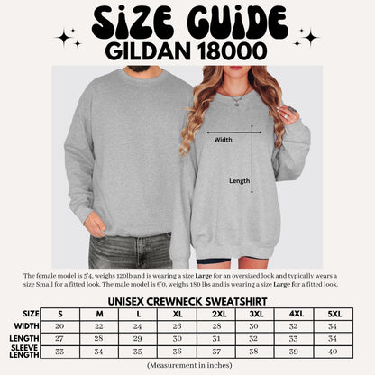 The image is a size guide for a GILDA 18000 crewneck sweatshirt, featuring a male and female model wearing the sweatshirt in different sizes.