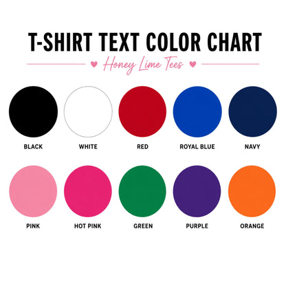 The image is a color chart for T-shirt text color options, with each color represented by a circle and the corresponding text below it.