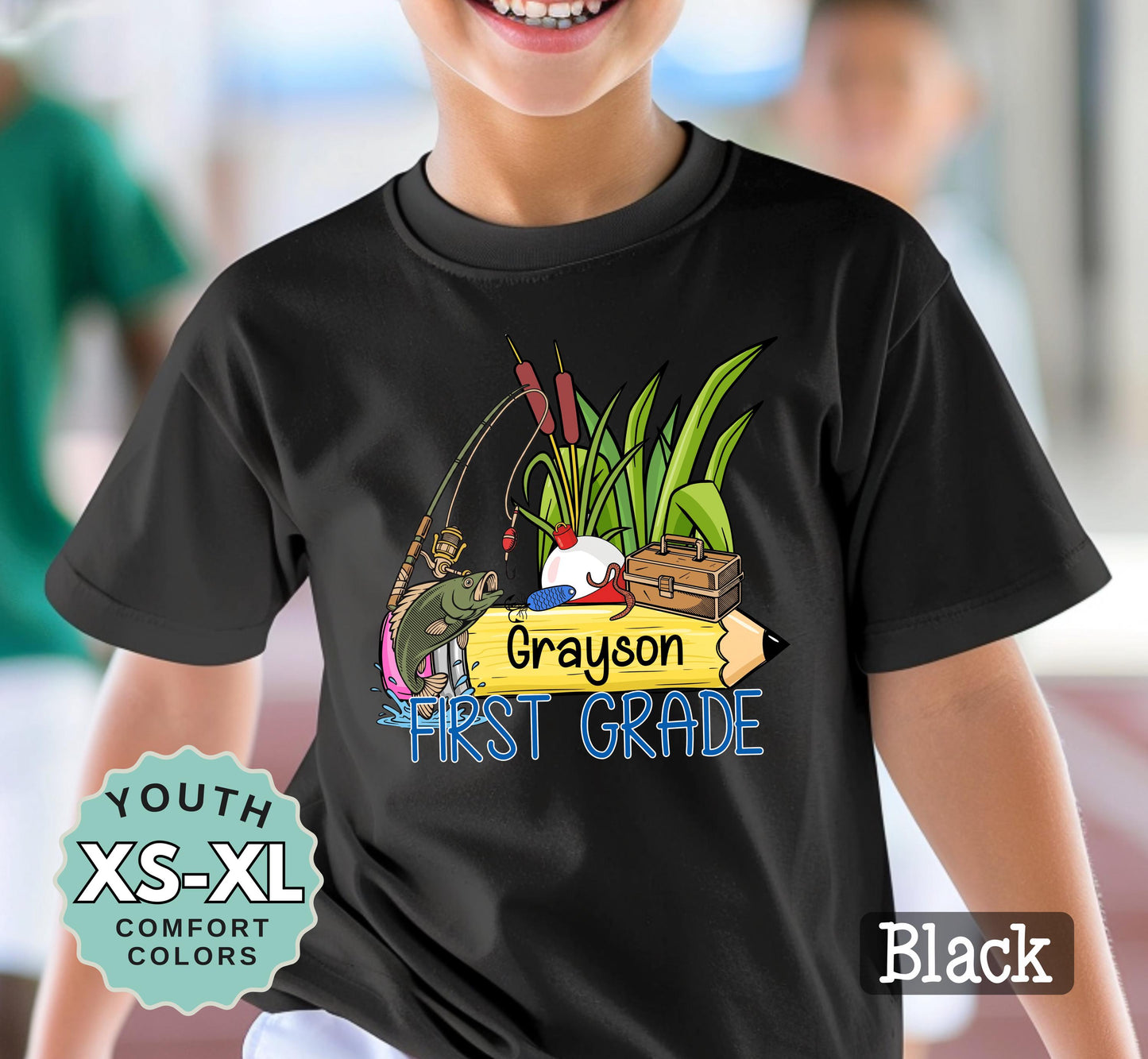 First Grade Boys Name Fishing Back to School Shirt: Comfort Colors Cotton Tee