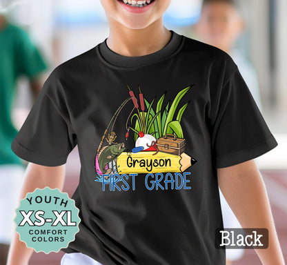 First Grade Boys Name Fishing Back to School Shirt: Comfort Colors Cotton Tee