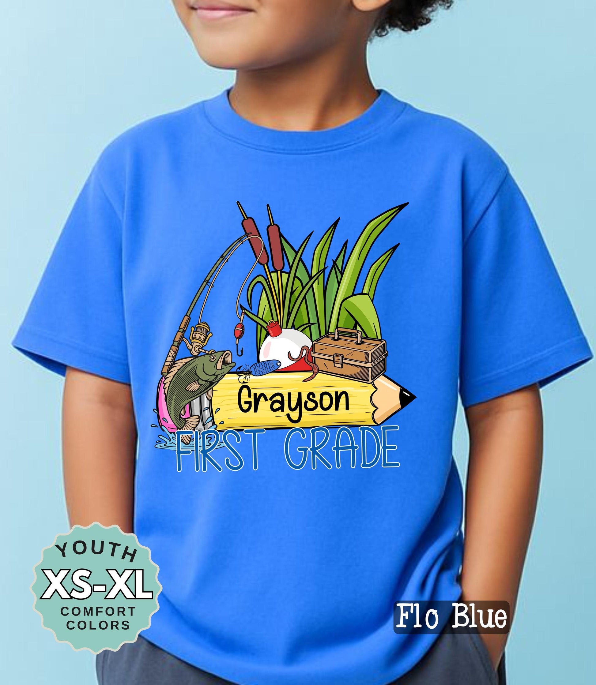 First Grade Boys Name Fishing Back to School Shirt: Comfort Colors Cotton Tee