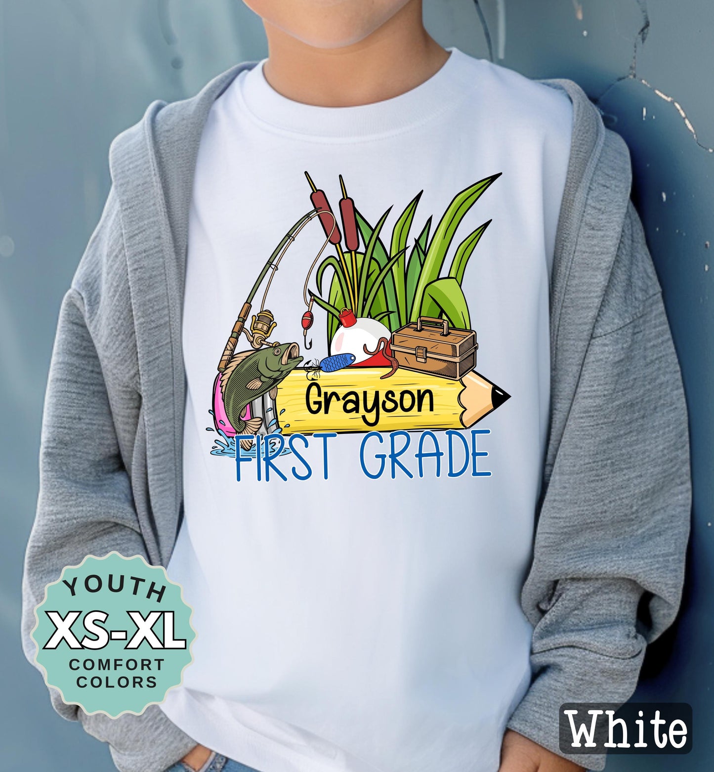 First Grade Boys Name Fishing Back to School Shirt: Comfort Colors Cotton Tee