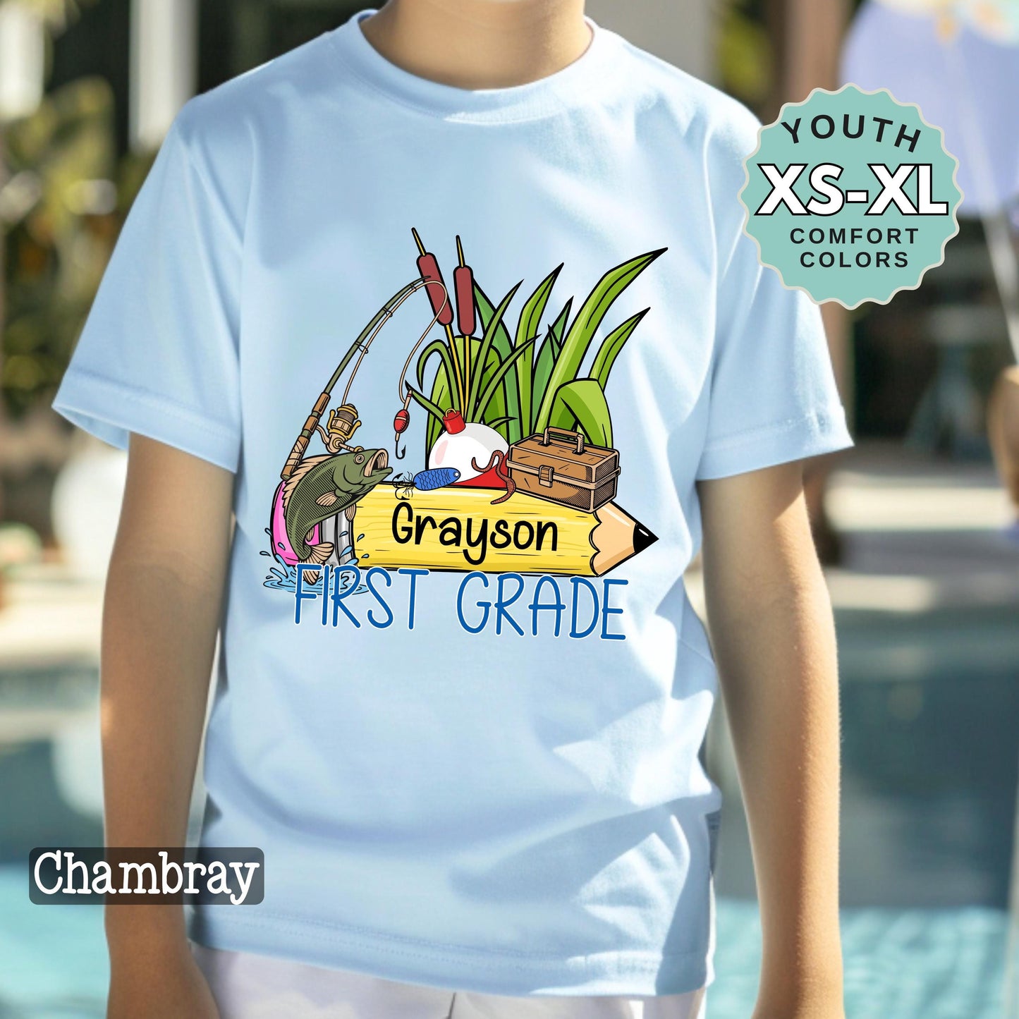 First Grade Boys Name Fishing Back to School Shirt: Comfort Colors Cotton Tee