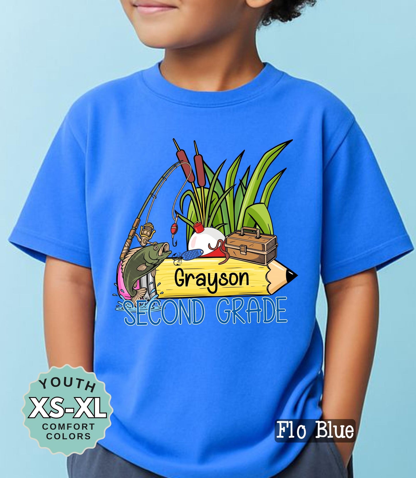 Second Grade Boys Name Fishing Back to School Shirt: Comfort Colors Cotton Tee