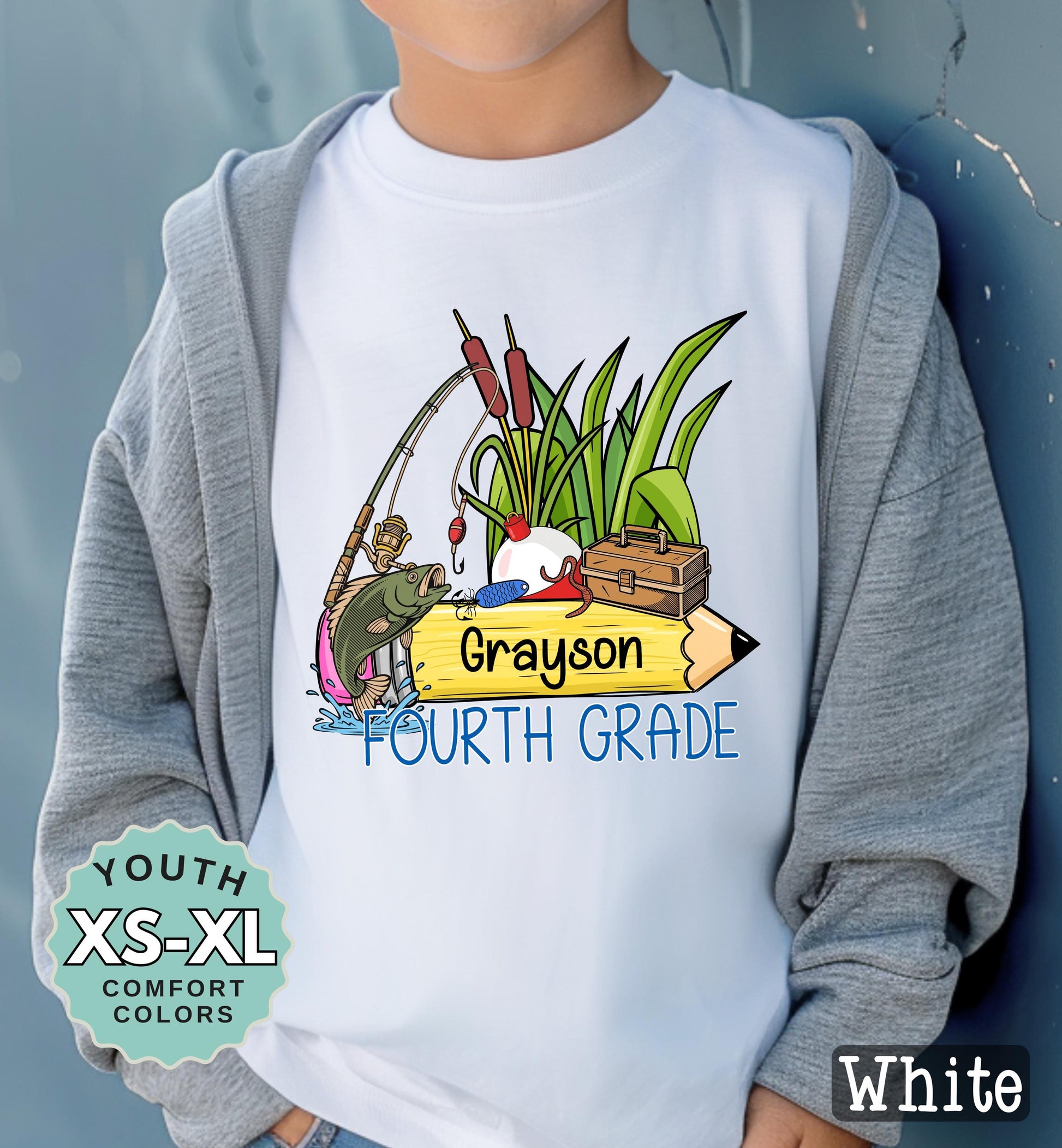 Fourth Grade Boys Name Fishing Back to School Shirt: Comfort Colors Cotton Tee