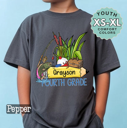 Fourth Grade Boys Name Fishing Back to School Shirt: Comfort Colors Cotton Tee