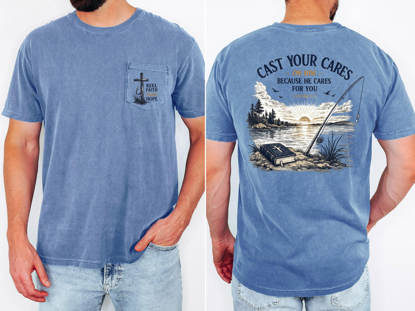 Cast Your Cares Shirt, Christian Fishing Shirt, 1 Peter 5:7 Tee, Comfort Colors Pocket Tee, Fisherman Gift, Bible Verse Shirt