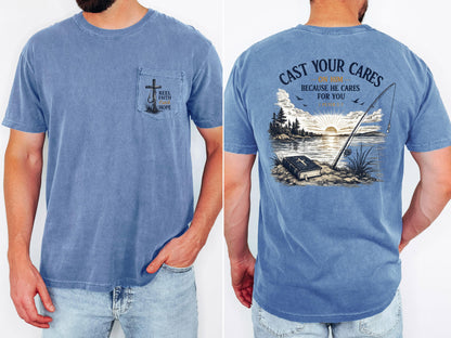 Cast Your Cares Shirt, Christian Fishing Shirt, 1 Peter 5:7 Tee, Comfort Colors Pocket Tee, Fisherman Gift, Bible Verse Shirt