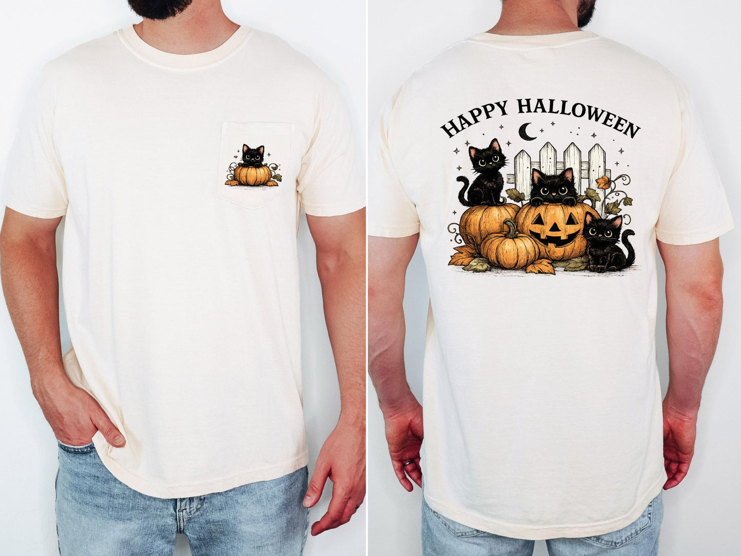 Cute Black Cat Halloween Shirt, Comfort Colors Pocket Tee, Pumpkin Cat Graphic Tee, Spooky Season Shirt, Fall Halloween Gift