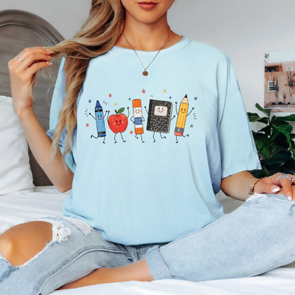 Back to School Teacher Shirt, Cute School Supplies Tee, Crayon Apple Pencil Shirt, First Day of School, Teacher Gift Tee